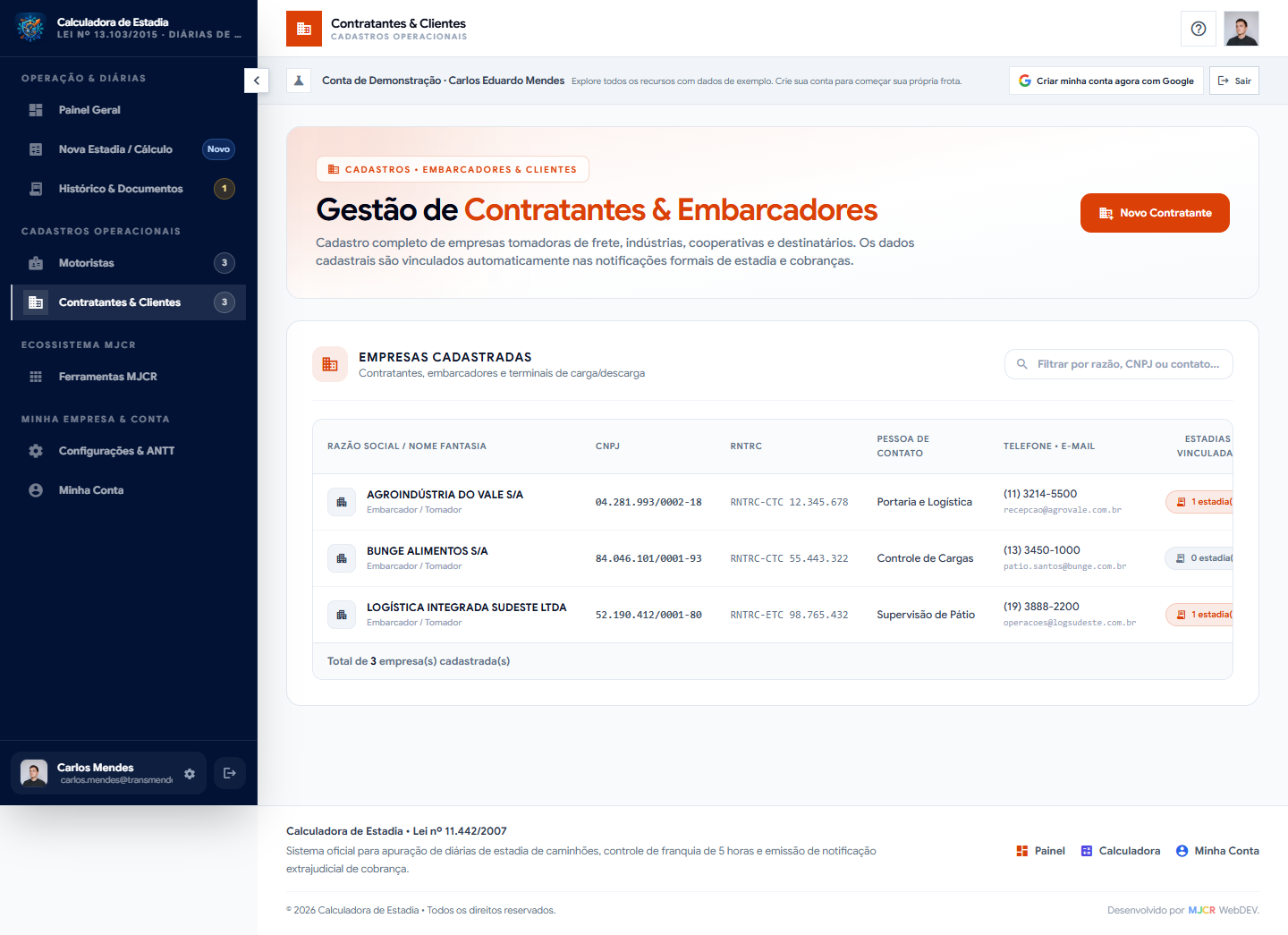 Gestão de contratantes e embarcadores vinculados às estadias